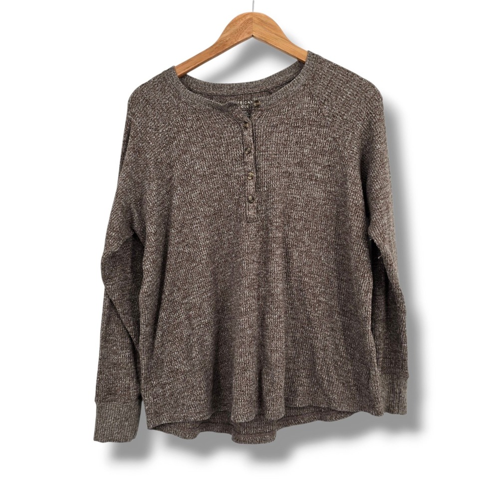American Eagle Womens Brown Marled Knit Henley Long Sleeve Top Size Medium